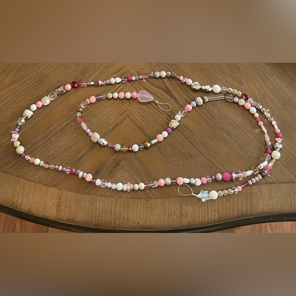 Garland, beaded- pink, gold, silver, crystal, clear.  Over 8’